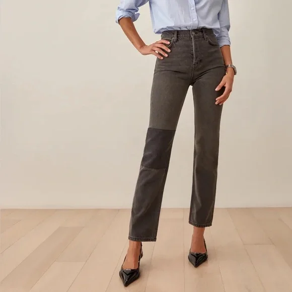 Reformation Cynthia Patch High Rise Straight Jeans - Picture 1 of 9